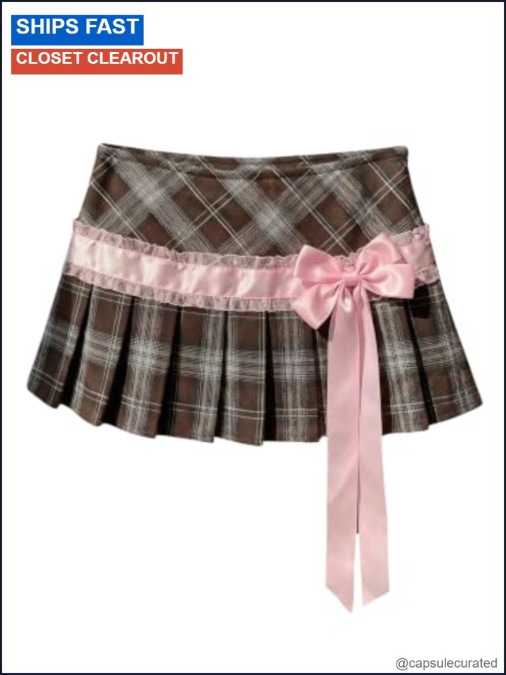Plaid Pleated Low Rise Mini Skirt Lace Trim Bow Preppy Y2K